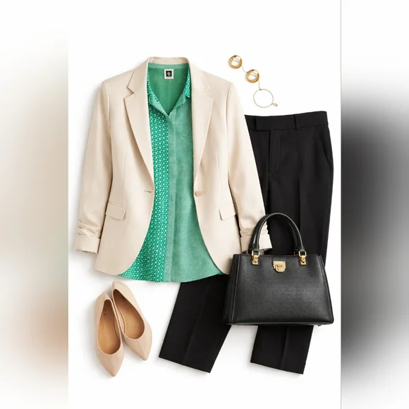 Anne Klein 2X Green Mixed Print Button Front Blouse Tunic Long Sleeve - Picture 2 of 7